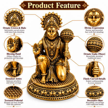 Antique Brass Hanuman Idol for Home Temple & Pooja Room | Handcrafted Lord Hanuman Statue for Home Décor, Office, Mandir & Gifting | The Indian Aura