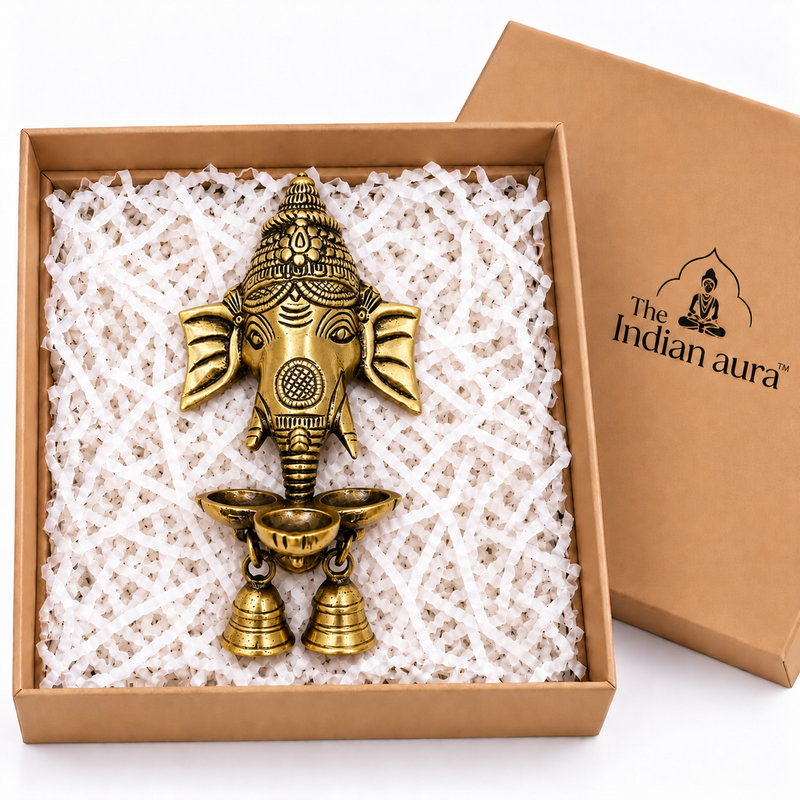 The Indian Aura Brass Ganesha Diya Gift Set with Premium Gift Box | Antique Finish Wall Hanging Diya with Bells for Diwali Gifts, Wedding Gifts, Housewarming, Return Gifts & Festive Gifting | Pooja Room & Home Décor