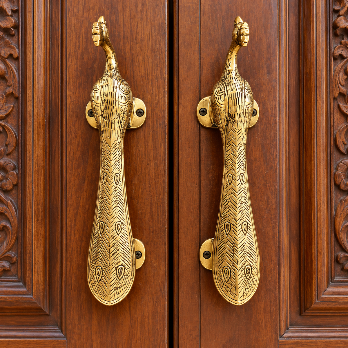 Handcrafted Peacock Brass Door Handle Pair – Antique Gold Finish, Elegant Traditional Design for Main Door.