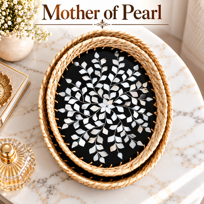 Handcrafted Mother of Pearl Oval Black Tray Set of 2 with Natural Jute Border – Decorative, Serving & Gifting Trays