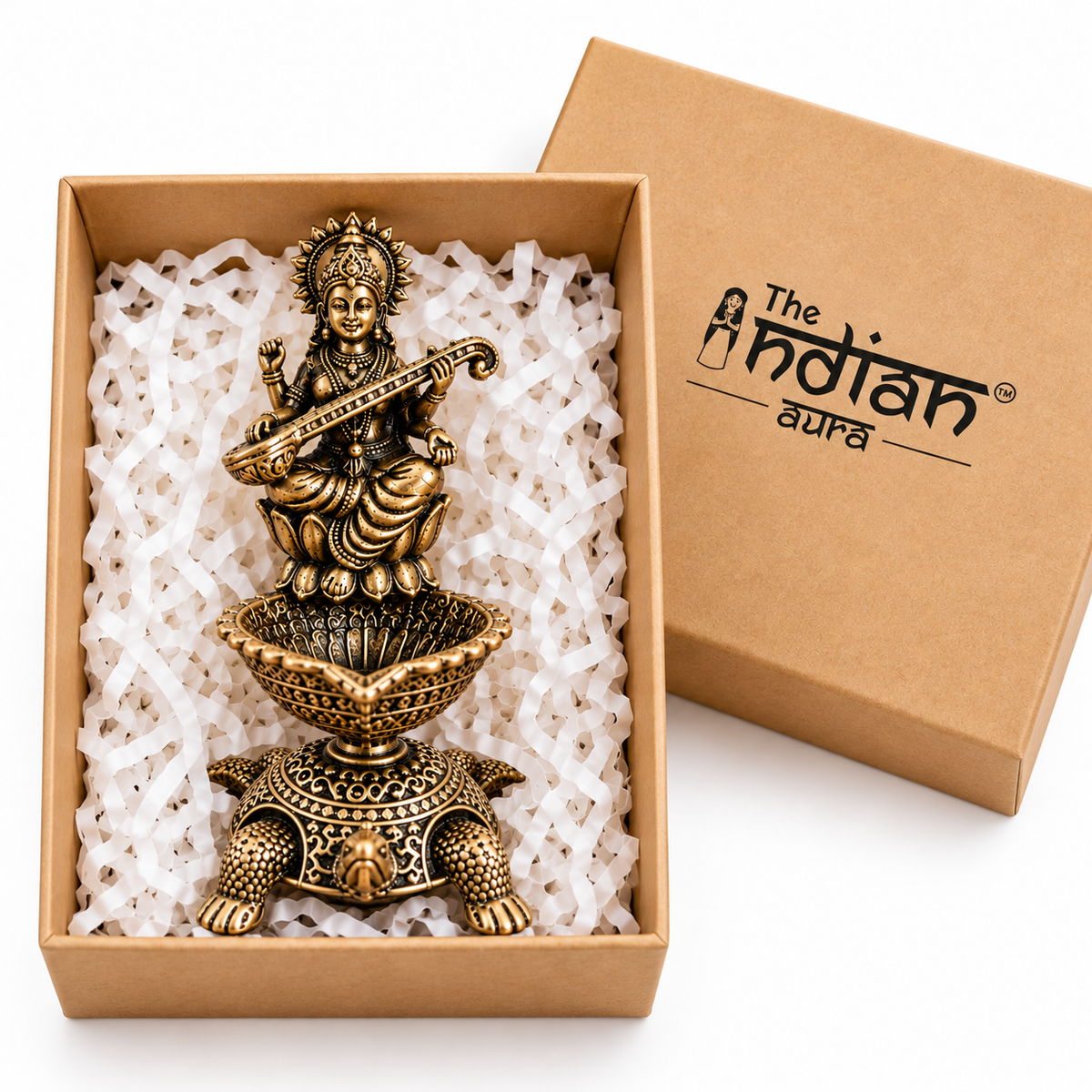 The Indian Aura Antique Brass Goddess Saraswati Diya with Turtle Base For Gifting| Premium Religious Gift for Housewarming, Wedding, Diwali, Vasant Panchami & Anniversary | Traditional Pooja Oil Lamp for Home Temple Decor