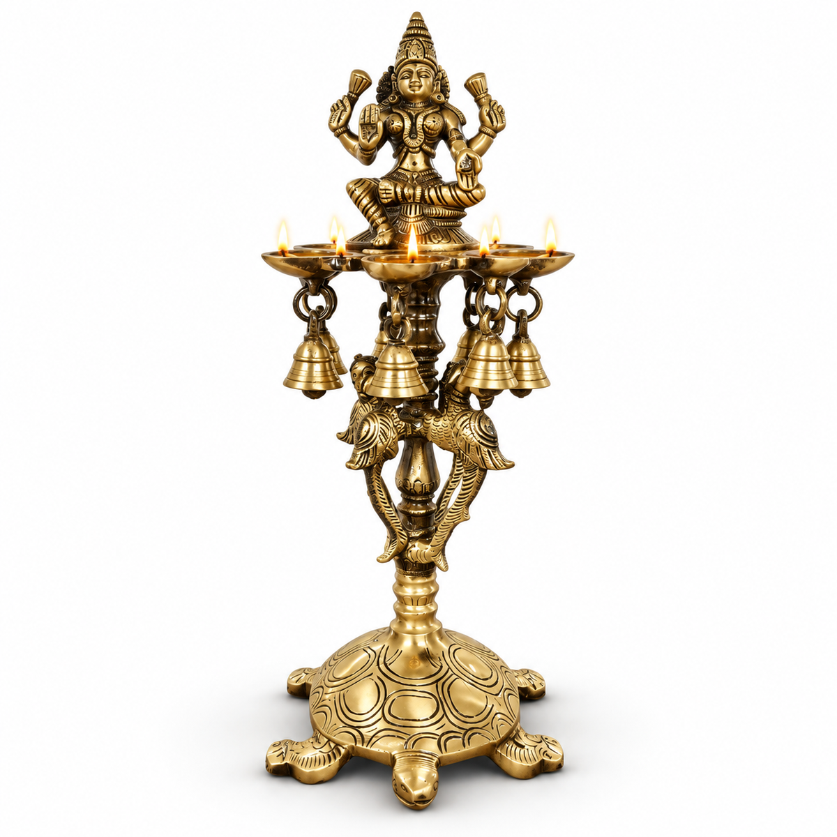 Brass Laxmi Diya Stand with 7 Oil Holders | Antique Finish Pooja Lamp with Hanging Bells, Peacock Design & Tortoise Base for Home Temple, Decor & Gifting | The Indian Aura