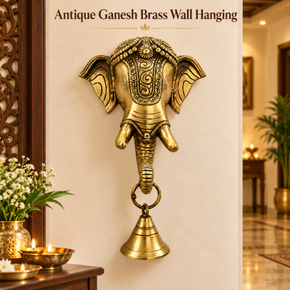 Antique Gold Pure Brass Ganesh Wall Hanging with Decorative Bell for Divine Home Décor | The Indian Aura