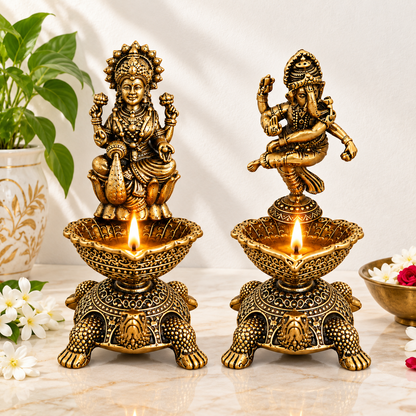 The Indian Aura Pure Brass Laxmi Ganesha Pair Diya Oil Lamp Holder For Gifting | Premium Religious Gift for Housewarming, Wedding, Diwali, Dhanteras & Anniversary | Antique Gold Finish, Traditional Pooja Room & Home Temple Decor