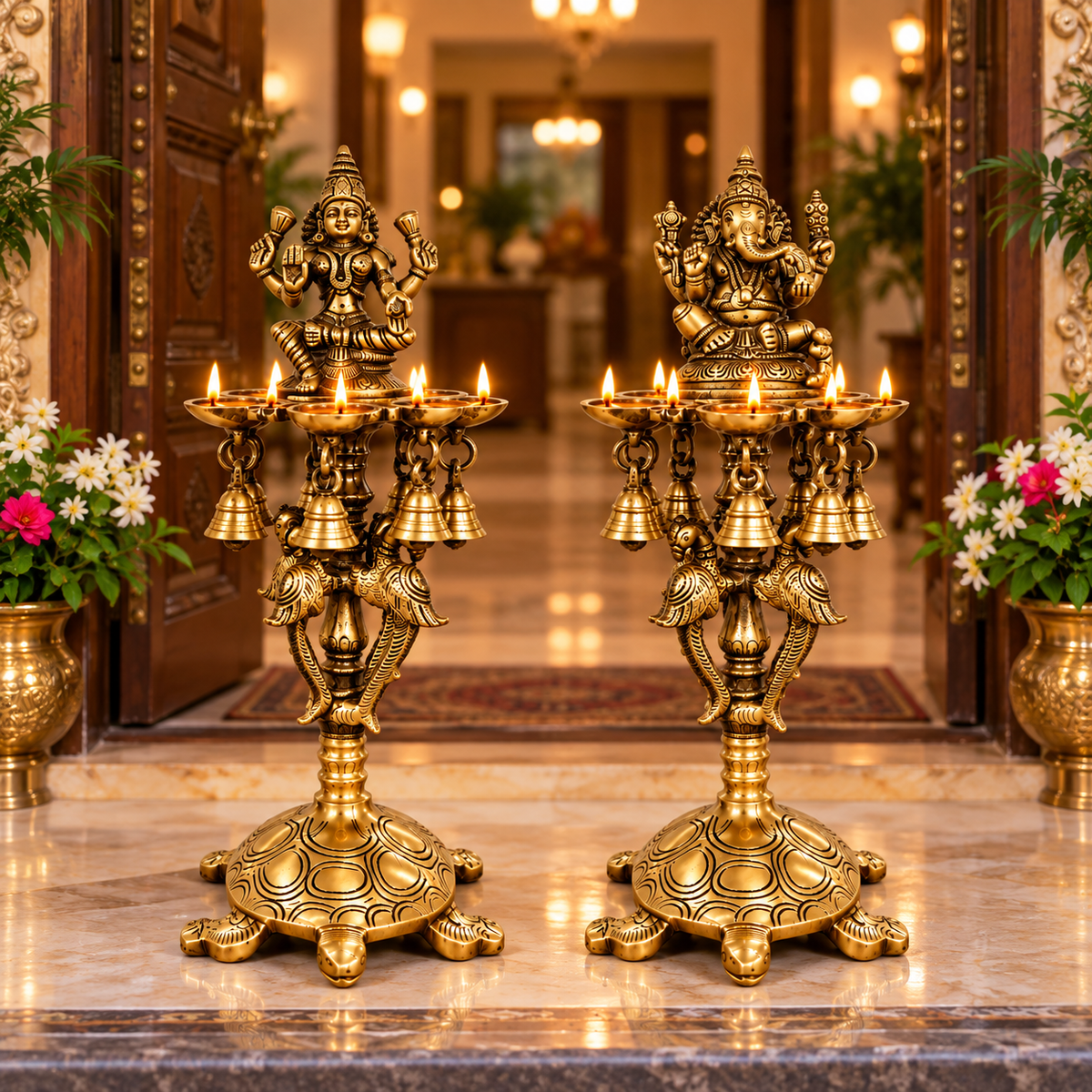 Pure Brass Laxmi Ganesha Pair Diya Stand with 7 Oil Holders – Antique Finish | The Indian Aura