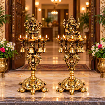 Pure Brass Laxmi Ganesha Pair Diya Stand with 7 Oil Holders – Antique Finish | The Indian Aura