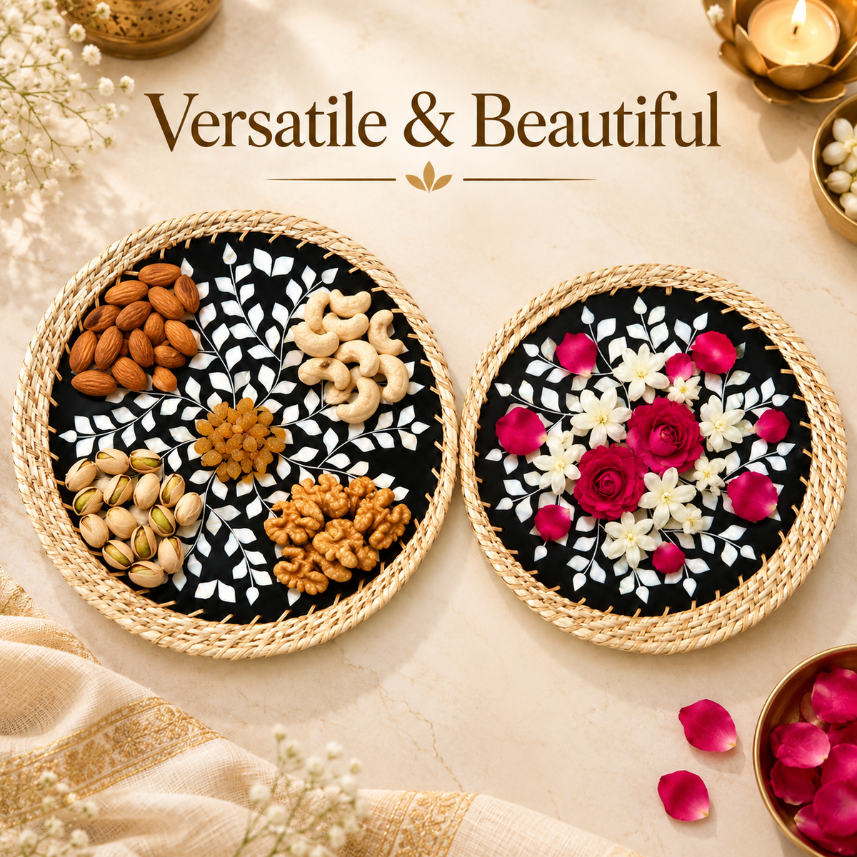 Handcrafted Mother of Pearl Round Black Tray Set of 2 | Woven Natural Rim Decorative Serving Trays for Home Décor, Jewellery Storage, Pooja & Gifting | 10.7 & 12.5 Inch