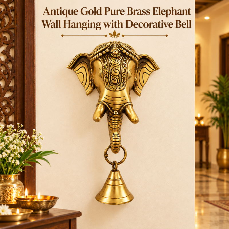 Antique Gold Pure Brass Elephant Head Wall Hanging with Decorative Bell for Divine Home Décor | The Indian Aura