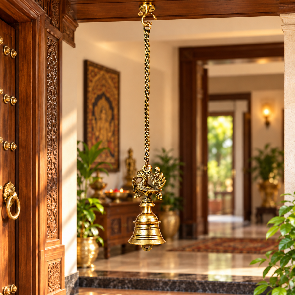 The Indian Aura Antique Gold Pure Brass Wall Hanging Bell | Traditional Decorative Bell for Home, Temple, Pooja Room & Entrance Décor