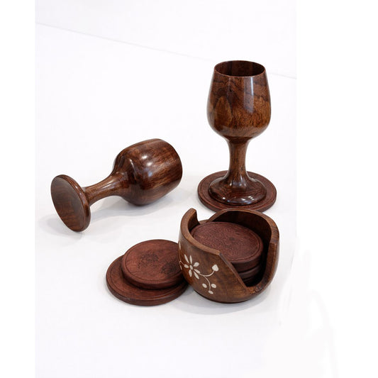 Premium Glass Set of 6 with Matching Wooden Coasters Set of 6 – Elegant Drinkware Combo by The Indian Aura