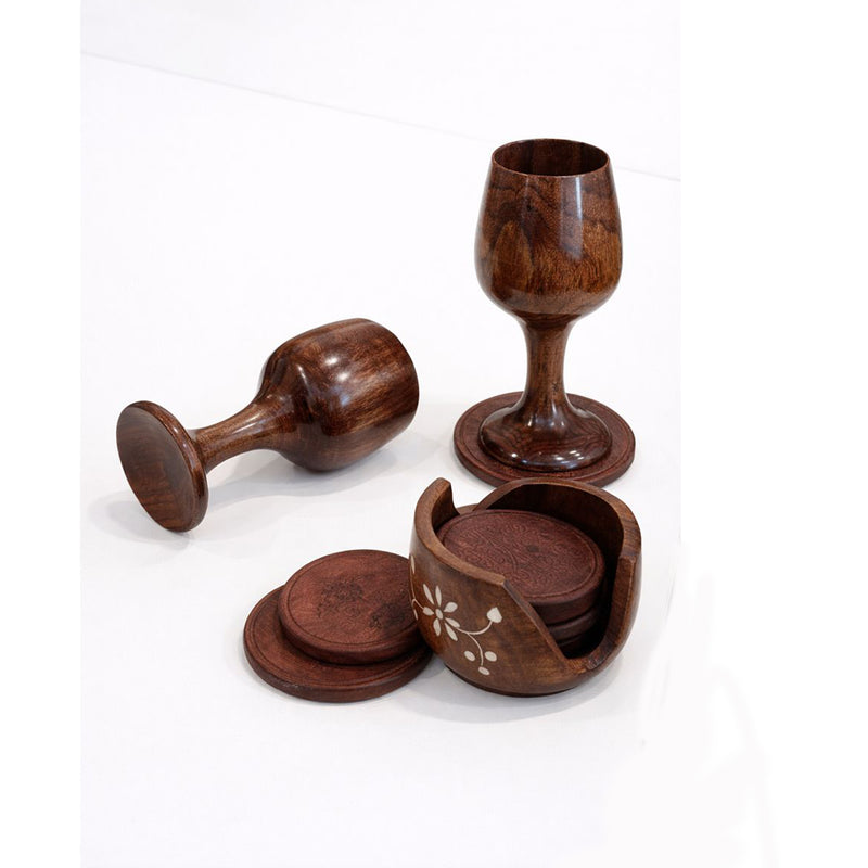 Premium Glass Set of 6 with Matching Wooden Coasters Set of 6 – Elegant Drinkware Combo by The Indian Aura