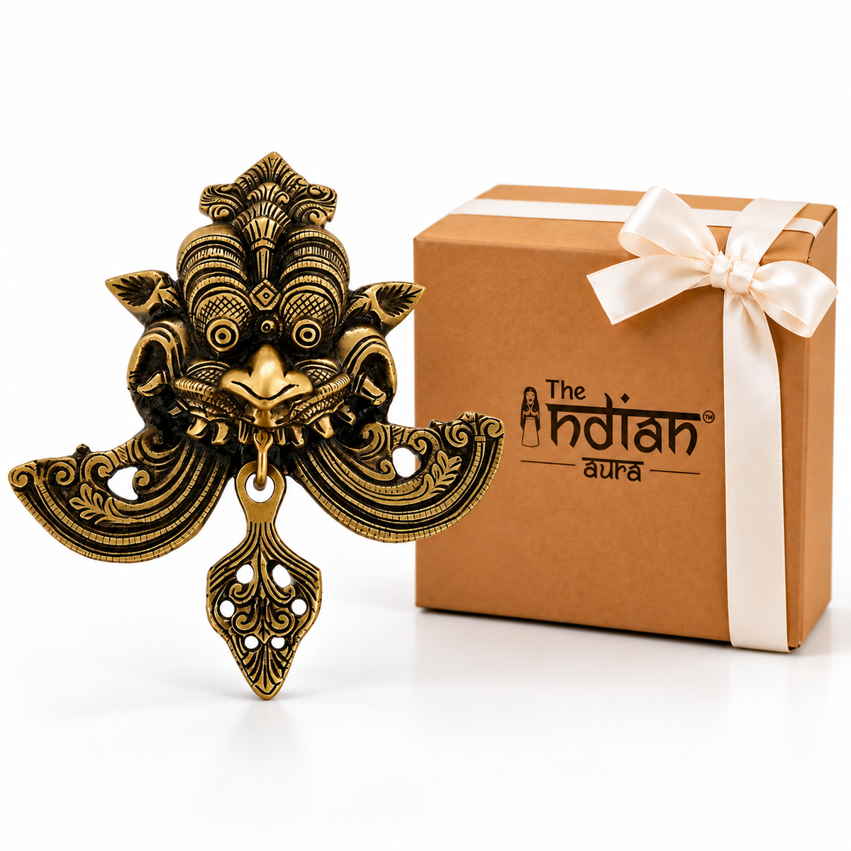 The Indian Aura Antique Gold Pure Brass Kirtimukh Nazar Battu Wall Hanging for Home Entrance, Traditional Evil Eye Protection Decor, Auspicious Gift for Housewarming, Diwali, Wedding & Festive Occasions