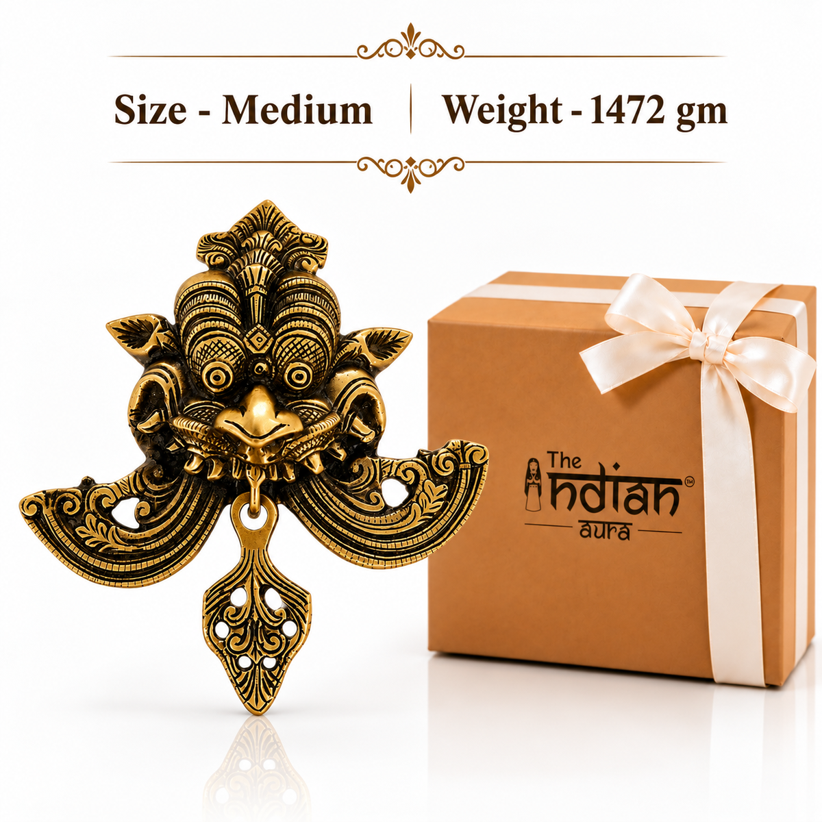 The Indian Aura Antique Gold Pure Brass Kirtimukh Nazar Battu Wall Hanging for Home Entrance, Traditional Evil Eye Protection Decor, Auspicious Gift for Housewarming, Diwali, Wedding & Festive Occasions