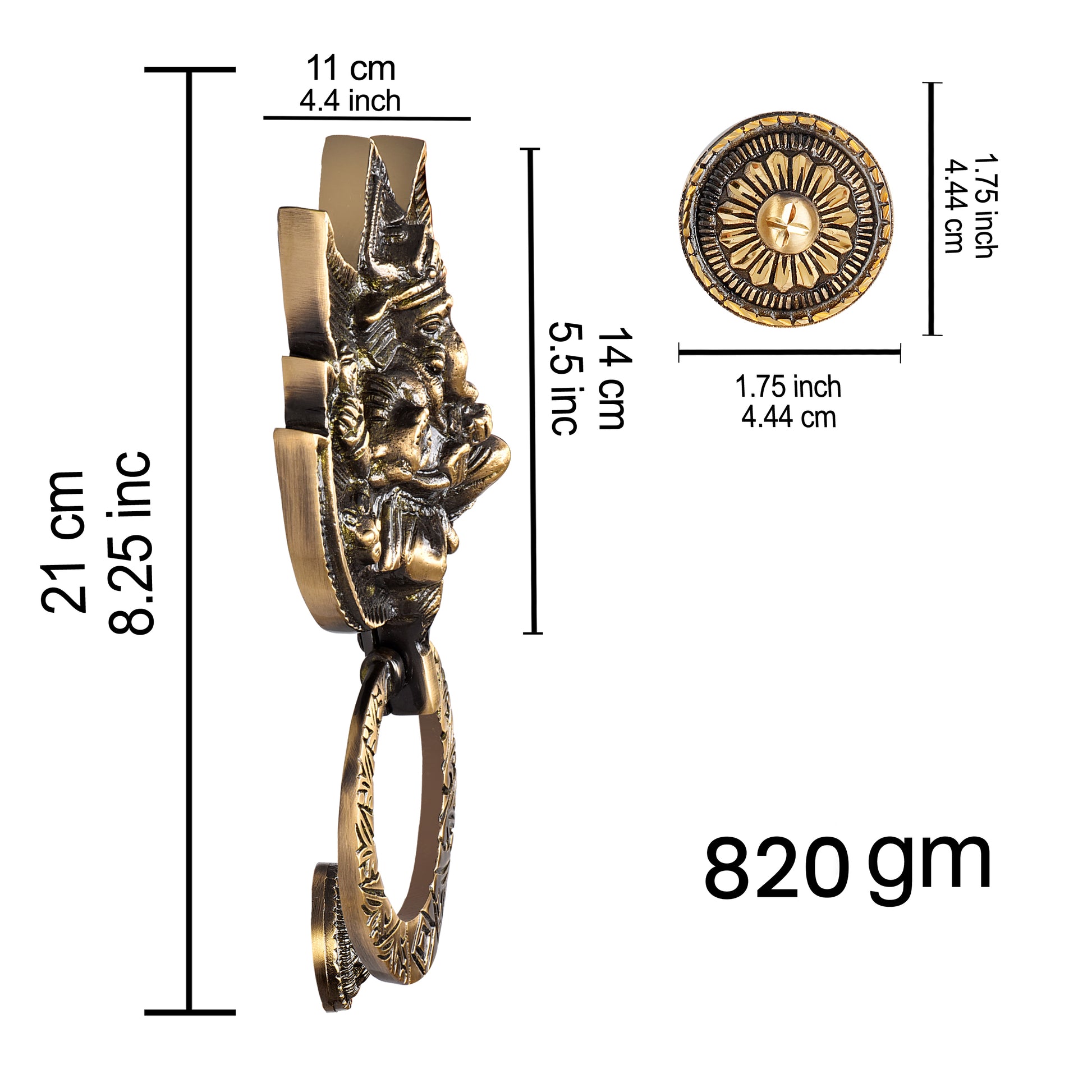 Measurement chart of lord ganesha brass door knockers, showing dimensions and weight.