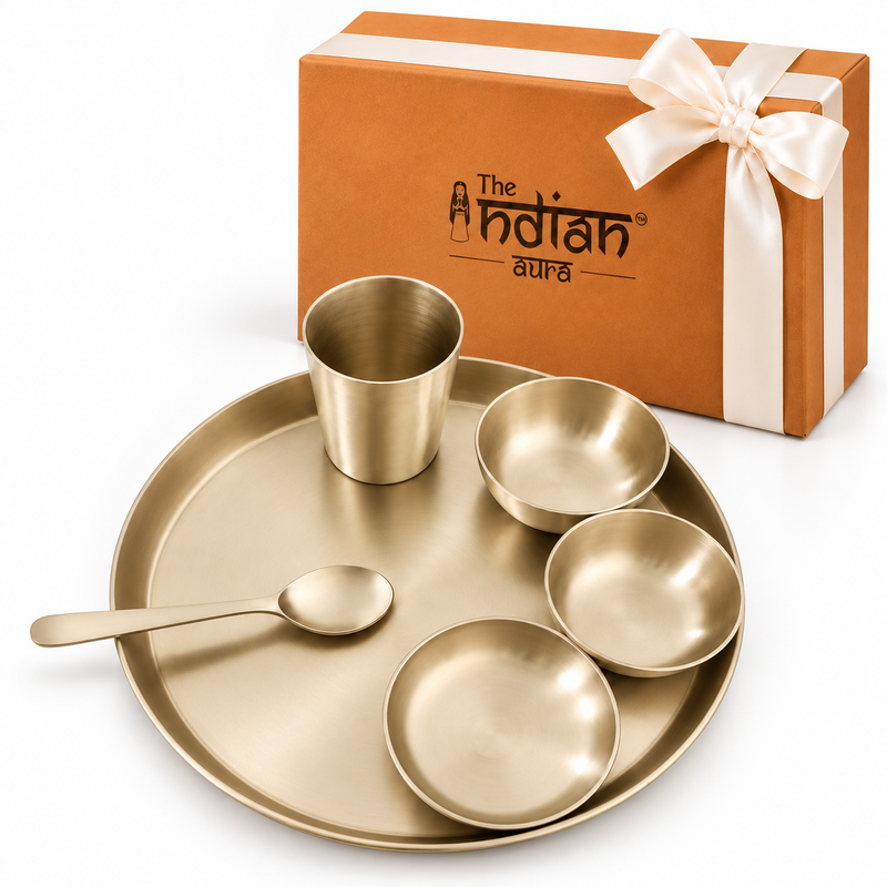 Pure Kansa Matte Finish 10.5 Inch Thali Dinner Set for Gifting – Premium Traditional Bronze Dinnerware | Elegant Gift for Weddings, Housewarming, Diwali, Anniversaries & Festive Occasions