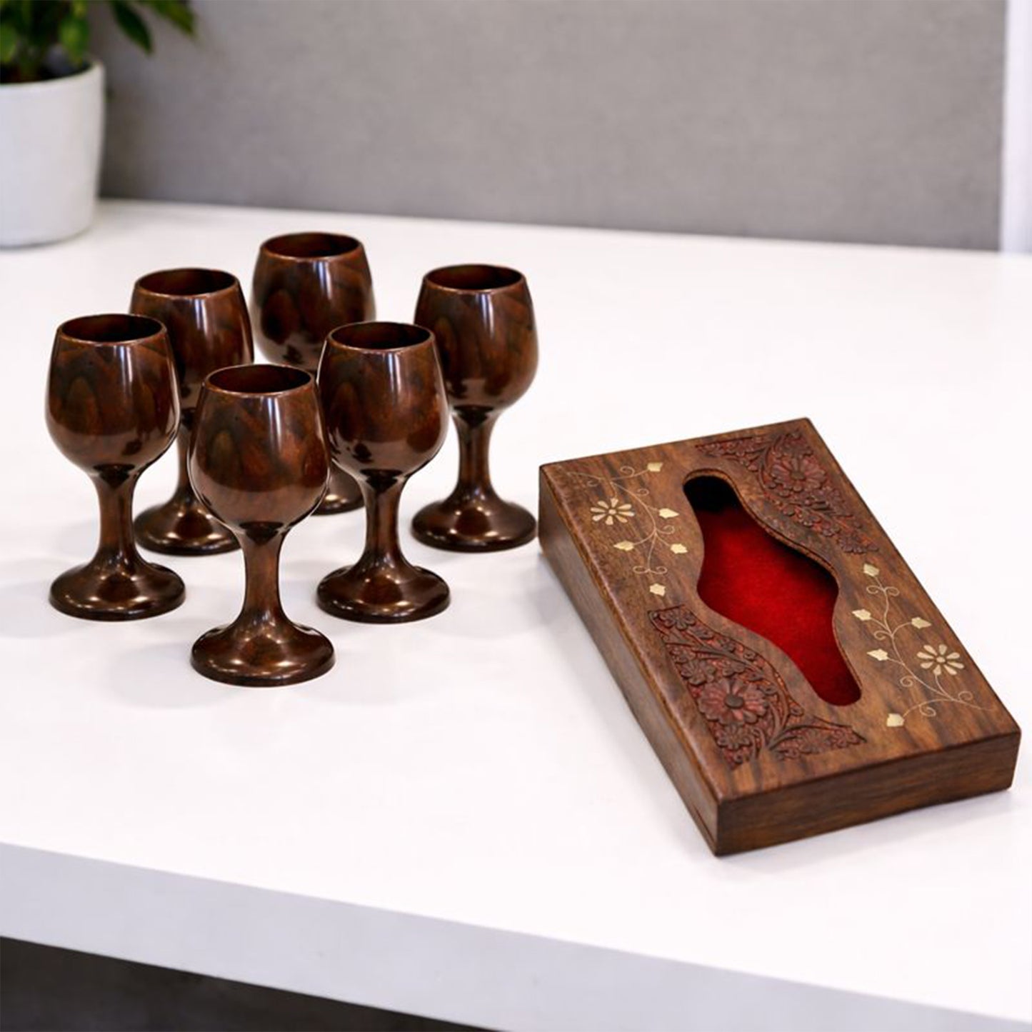 Premium Glass Set of 6 with Matching Wooden Napkin Holder – Elegant Tableware Combo by The Indian Aura