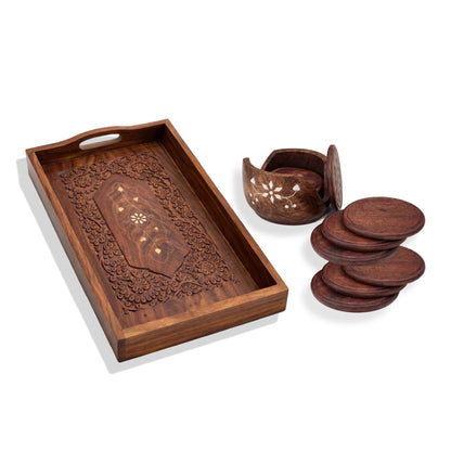 Rosewood Wooden Serving Tray with Matching Coaster Set 6 – Handcrafted Tableware Combo by The Indian Aura