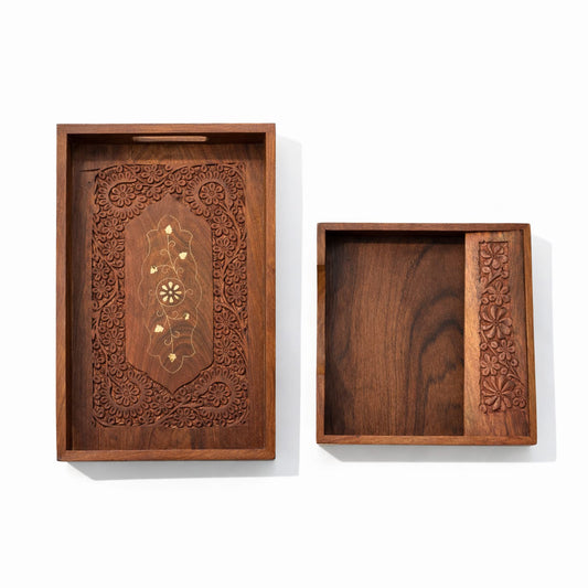 Rosewood Wooden Serving Tray with Matching Napkin Holder – Handcrafted Tableware Set By The Indian Aura